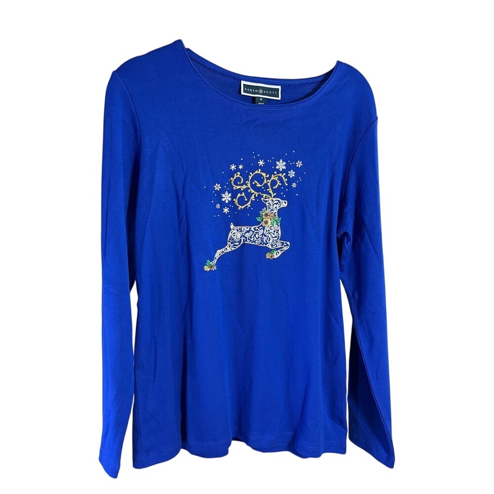 Karen Scott‎ Christmas Reindeer Long Sleeve Top Holiday Shirt Medium Blue